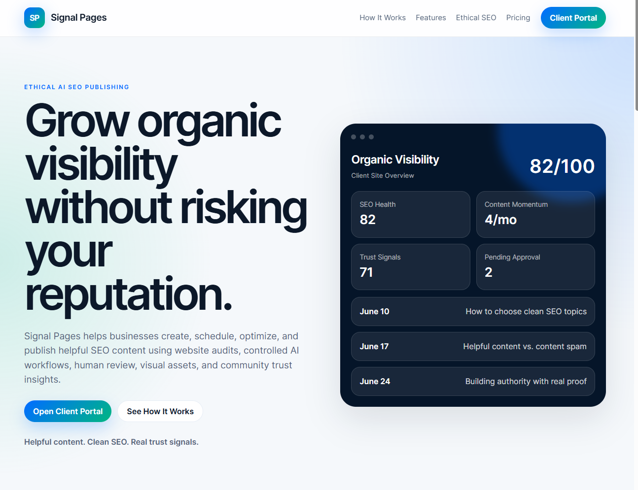 Signal Pages homepage visual reference
